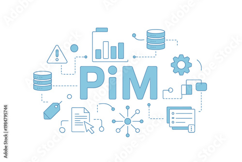 Product information management system illustration featuring data analytics and digital assets