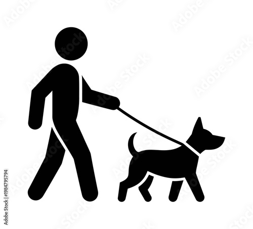Black vector art shows a person walking a dog on a leash in a simple design