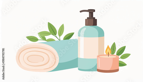 Spa Essentials with Towel and Candle.