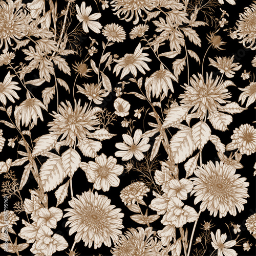 Seamless pattern autumn garden. Dahlia, cosmos, zinnia, marigold, calendula, rudbeckia, gladiolus, datura, eryngium, allium in engraving style