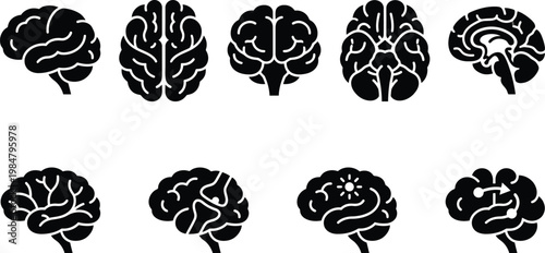 Human brain icon set with 9 vector elements, black silhouette brain symbols for neurology and mental health, anatomical brain diagrams for medical research