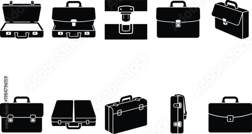 Professional briefcase icon set, black leather business bag silhouettes, 10 office portfolio vector elements for corporate work and finance