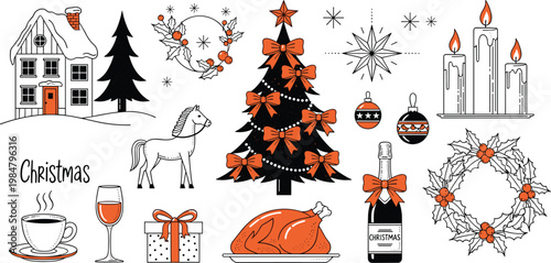 Christmas doodle set with tree gifts candles wreath dinner holiday elements hand drawn vector illustration festive collection