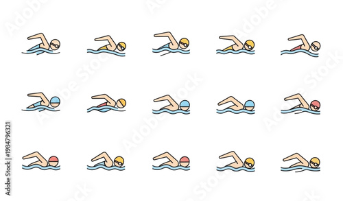 Modern thin line swimmer icon collection swimming sport symbols flat vector illustration