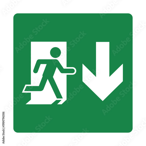 Vector graphic of a green emergency exit sign with a person running down.