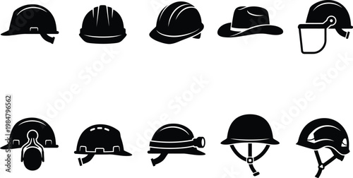 Industrial safety helmet icons set, construction hard hat vector silhouettes, protective headwear for site workers, 10 professional head gear elements
