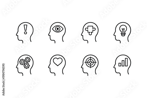 Line art depicting diverse human heads with symbolic representations of thought processes