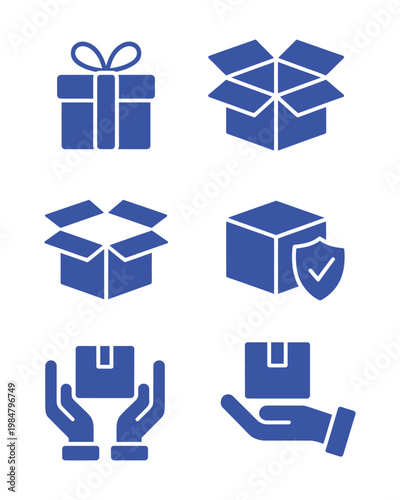Set of blue icons for shipping and delivery services package box gift hands truck with protection shield.