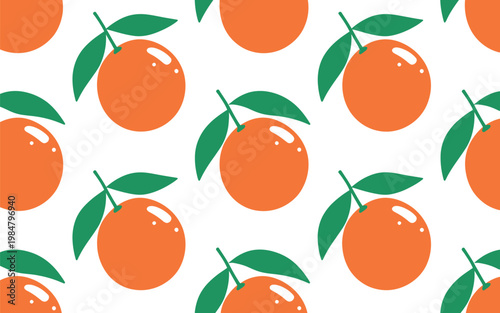 Flat vector illustration of repeating orange fruit icons with leaves arranged in seamless style for packaging and web design.