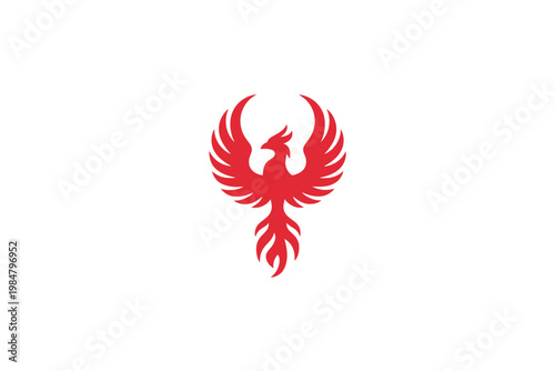 A vibrant red phoenix illustration with outstretched wings against a stark white background