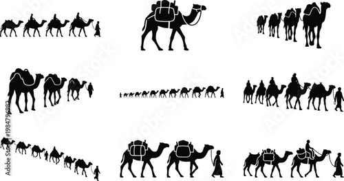 Camel caravan silhouette set, desert travel and nomadic bedouin culture icons, black dromedary animal vector collection for middle eastern themes