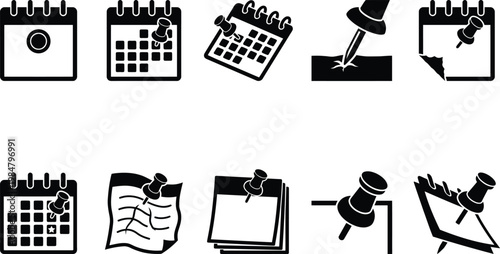 Black calendar and pushpin icon set, 10 minimalist planning and scheduling vector elements, office organization and deadline reminder symbols