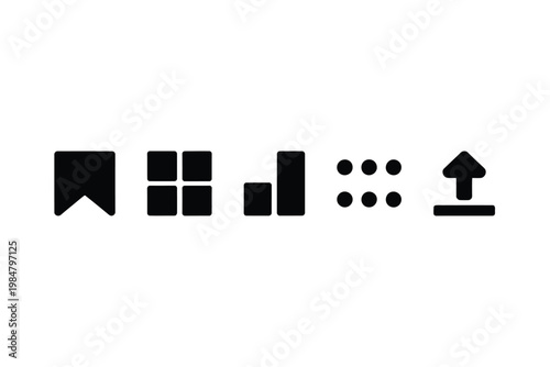 A series of minimalistic black icons representing various digital interface elements