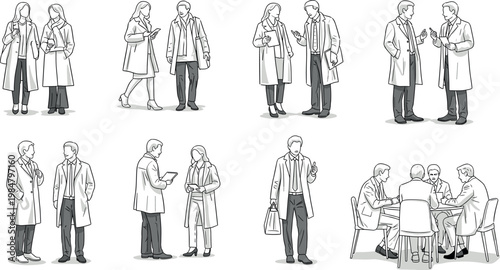 Illustration of Doctors and nurses interacting in various medical settings