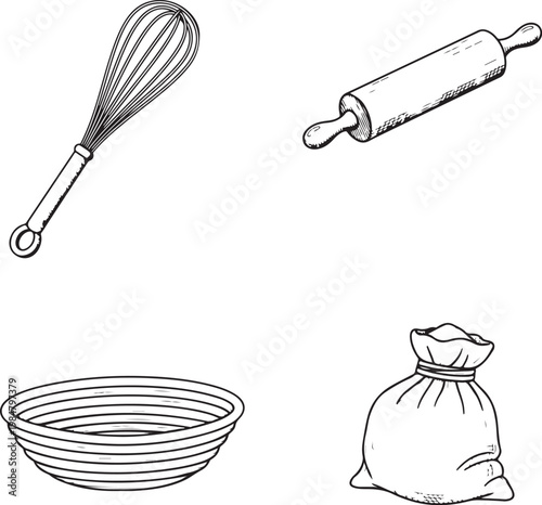 Baking equipment set with wire whisk, wooden rolling pin, mixing bowl, and flour sack.