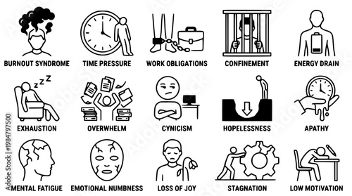 Vector graphic illustration of burnout syndrome symptoms and effects