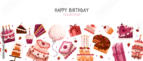 Banner with colorful cakes with strawberries, cherries, cream, and chocolate. Seamless border with cupcake, gift, confetti balloon. Cakes for birthdays, anniversaries, weddings. Vector illustration.