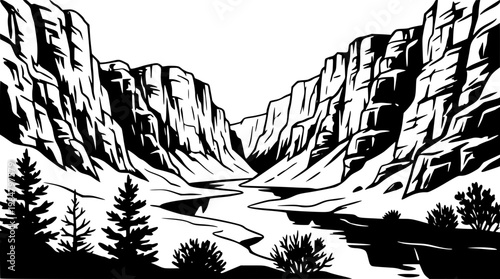 Black and white illustration of a mountain river valley scene