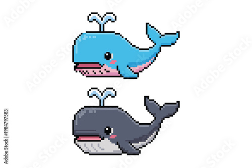 Two pixelated cartoon whales are depicted one blue and one dark blue spouting water