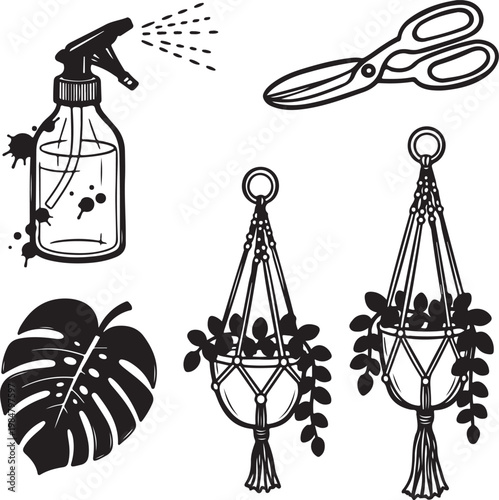 Indoor gardening set with macrame plant hangers, monstera leaf, spray bottle, and pruning shears.