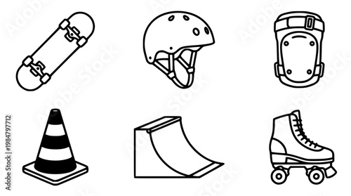 Vector graphic illustration of skateboarding safety equipment and gear