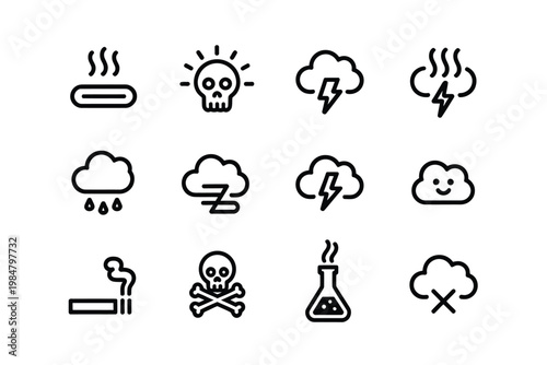 A collection of black and white line icons representing hazards weather and danger