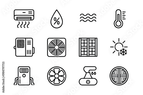 Line art icons depicting various climate control weather and ventilation elements
