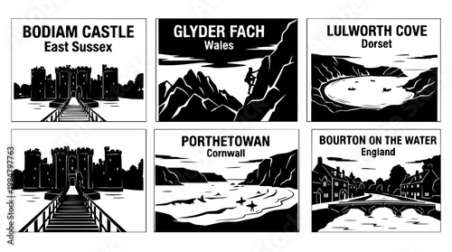 Vector graphic illustrations of famous UK landmarks and places