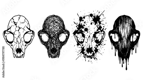Four unique skull designs in black and white illustration