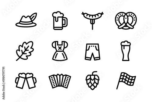 A collection of black and white line icons representing bavarian culture and oktoberfest traditions