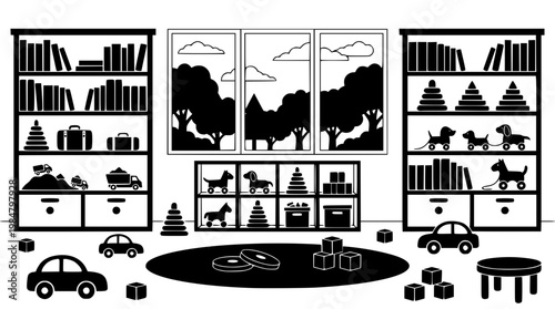Black and white nursery room with toys and books