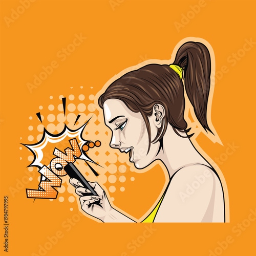 Pop art comic style woman shouting wow into smartphone flat.