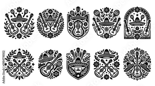 Vector graphic designs featuring guitars and maracas in floral patterns