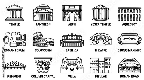 Various Ancient Roman Architectural Structures and Monuments Illustration