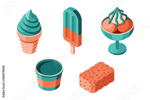 Isometric illustration featuring colorful ice cream a popsicle sundae and dessert items