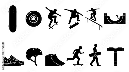 Black silhouettes of skateboarding tricks and equipment illustrations