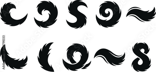 Black fur tail vector set, 10 fluffy animal tail silhouettes, fuzzy curved hair brush strokes, decorative hairy tail icons for character design