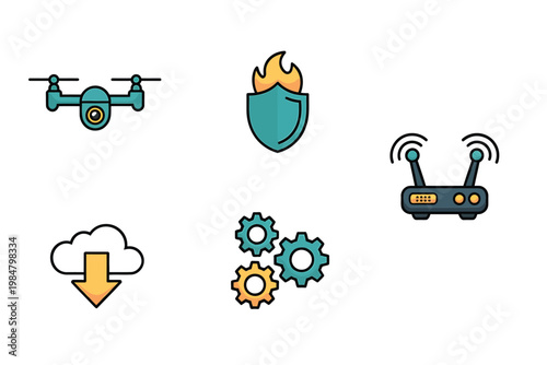 Icon set depicting drone shield controller cloud and gear symbols in outline style