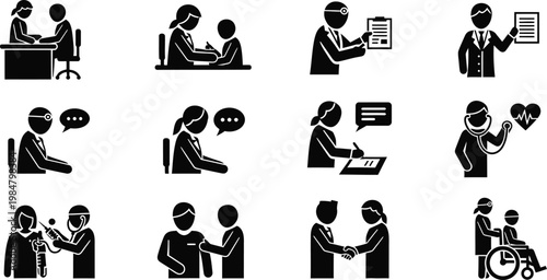 Set of icons showing consultations doctor visits professional interactions with consultation