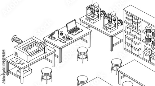 Modern workshop with 3D printers and various equipment layout