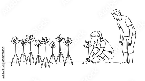 Man and woman planting and growing young plants together outside