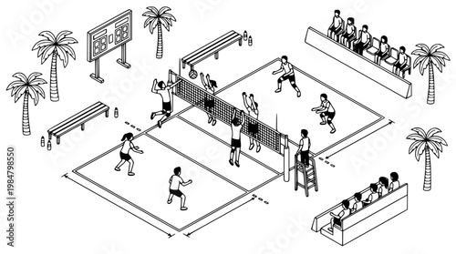 Beach volleyball players competing on outdoor courts with spectators