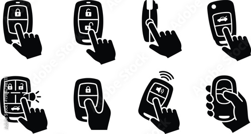 Car key fob icon set, black silhouette of hand pressing remote control buttons, vehicle security and keyless entry system vector collection