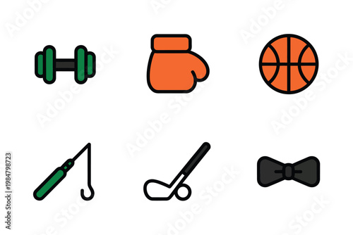 A colorful collection of flat design icons representing diverse hobbies and activities