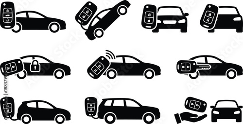 Car key remote control icons set, black silhouette vehicle security symbols, automotive smart keyless entry system vector collection