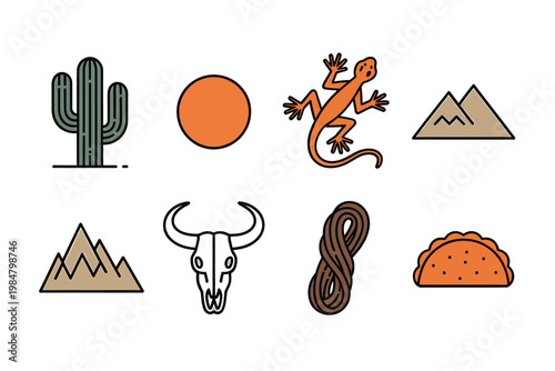 Desert themed icons depict a cactus sun lizard mountains and southwestern elements