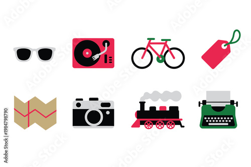 A collection of stylized flat design icons representing travel music and technology