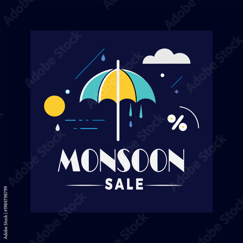 Monsoon sale advertisement with umbrella and rain