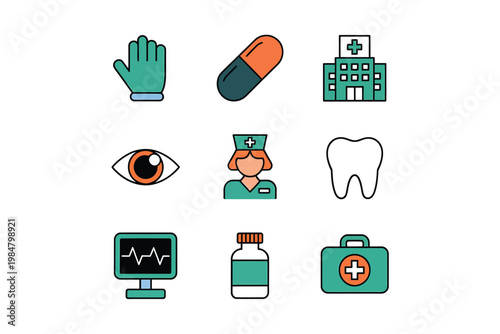 Colorful icons representing various medical and healthcare related elements and professions