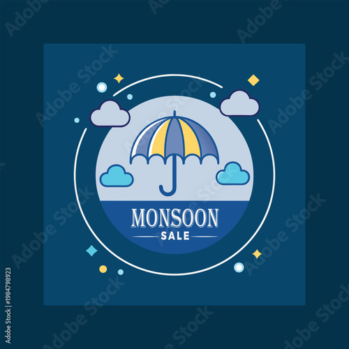 A monsoon sale advertisement with an umbrella and clouds